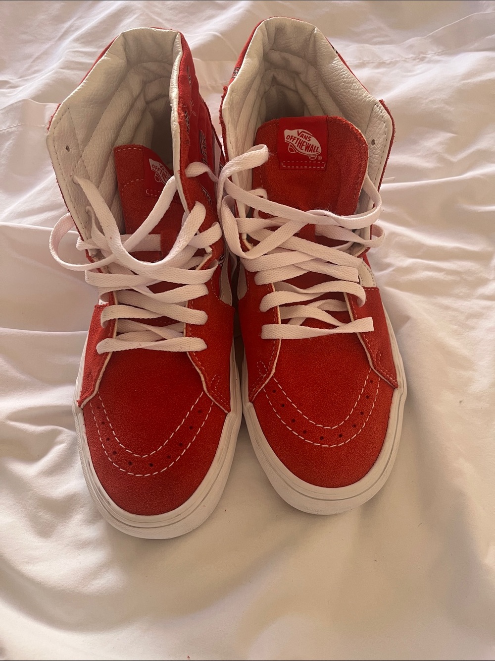 Vans men’s SK8 red allover misprint logo High-Top Sneakers in Red and White